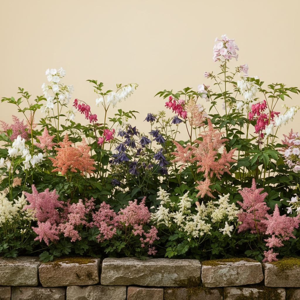 Rabatt med löjtnantshjärta, astilbe, höstflox i halvskugga – 20 m² perennrabatt