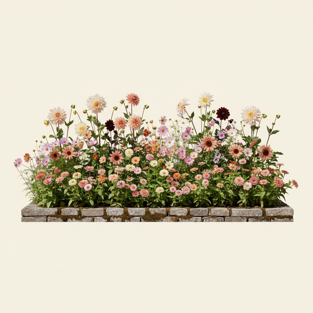 Rabatt med dahlia, zinnia, cosmos i full sol – 6 m² snittblomsterbädd