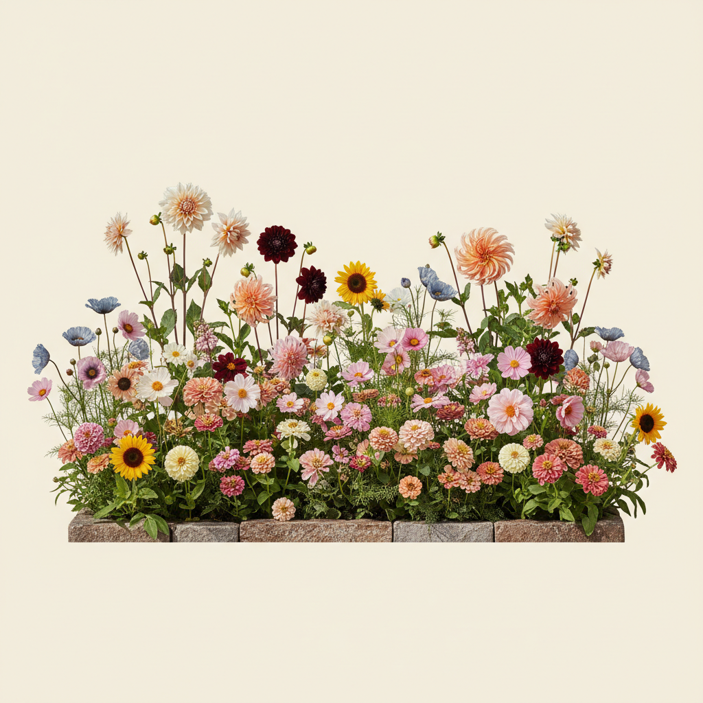 Rabatt med dahlia, zinnia, cosmos i full sol – 14 m² snittblomsterbädd