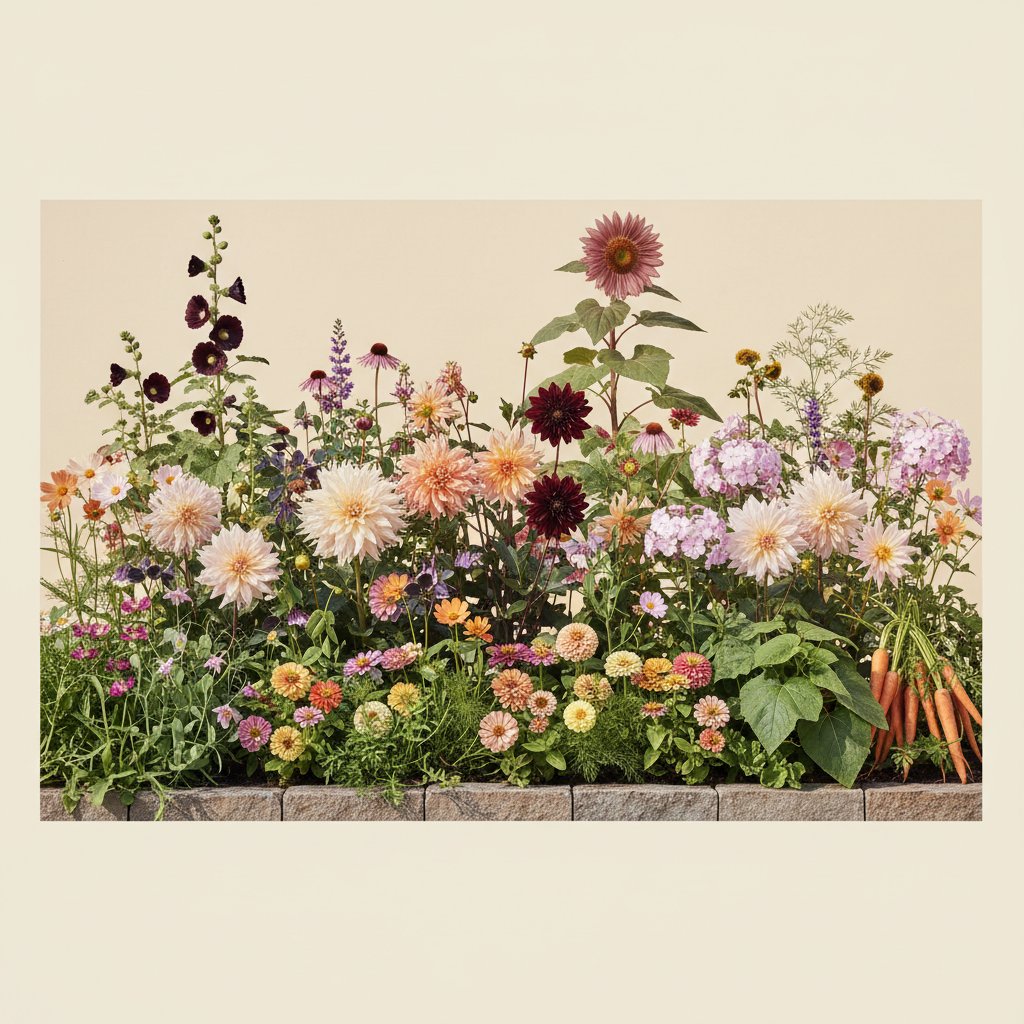 Rabatt med dahlia, zinnia, cosmos i full sol – 54 m² blandad rabatt