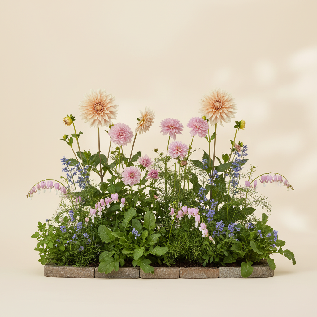 Rabatt med dahlia, rosenskära, trädgårdssallat i halvskugga – 1 m² blandad rabatt