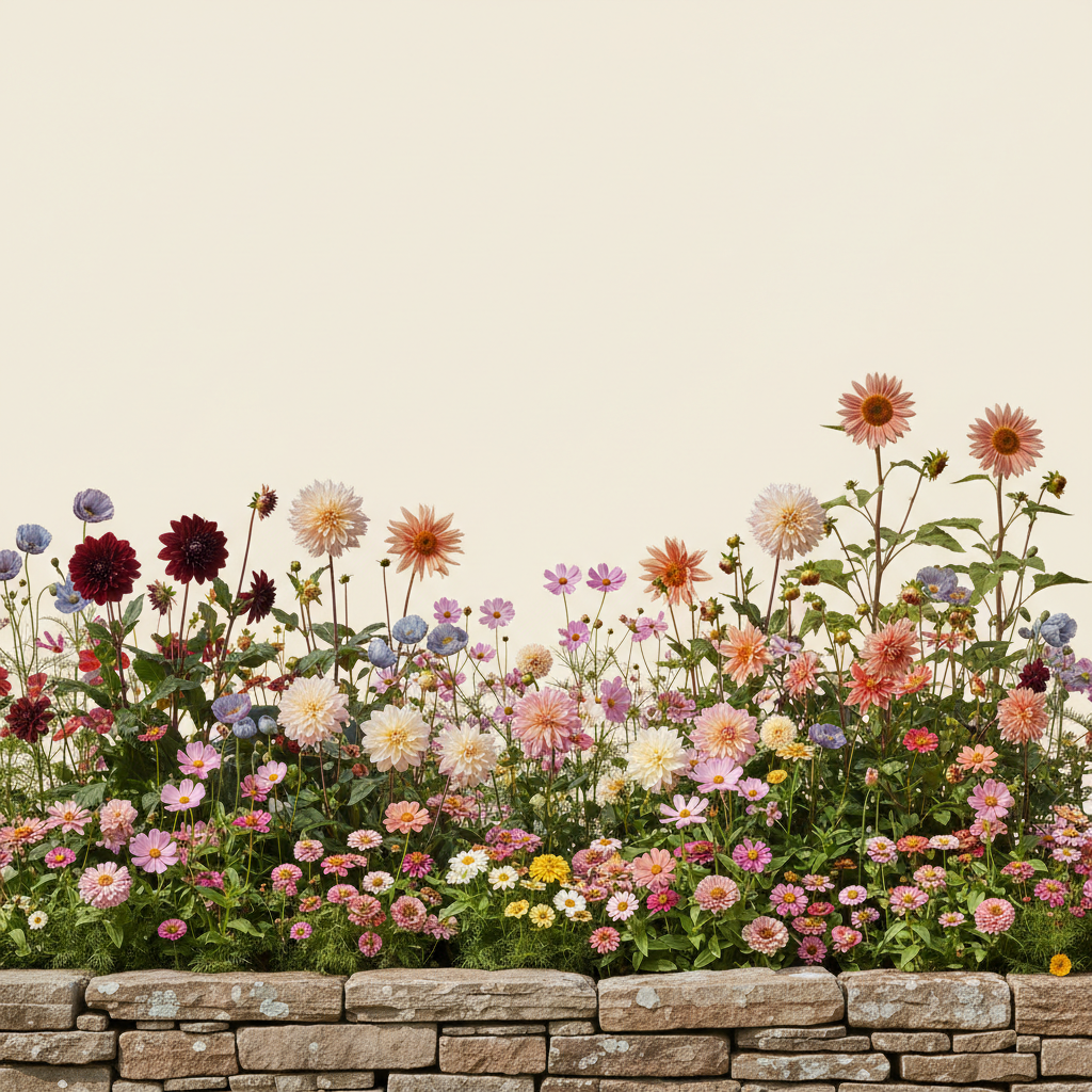 Rabatt med dahlia, zinnia, cosmos i full sol – 21 m² snittblomsterbädd