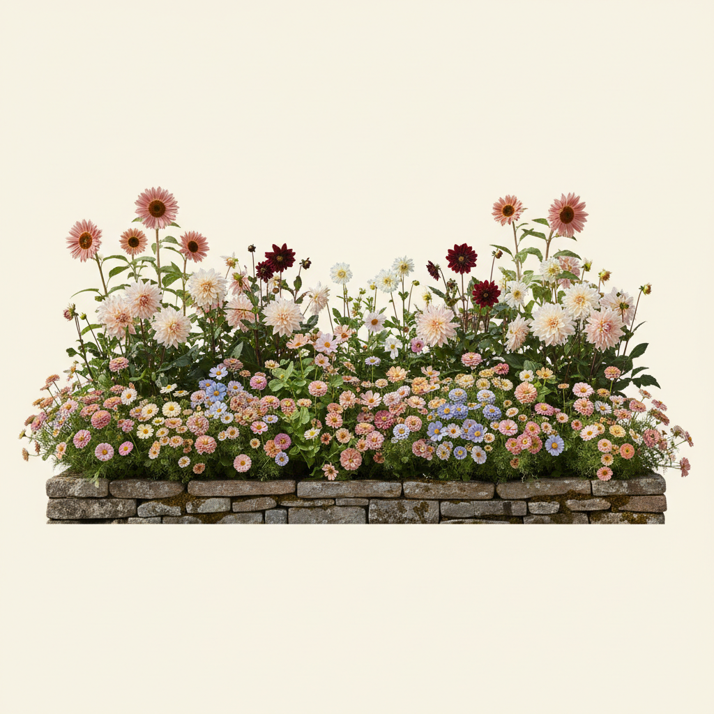 Rabatt med dahlia, zinnia, cosmos i full sol – 6 m² snittblomsterbädd