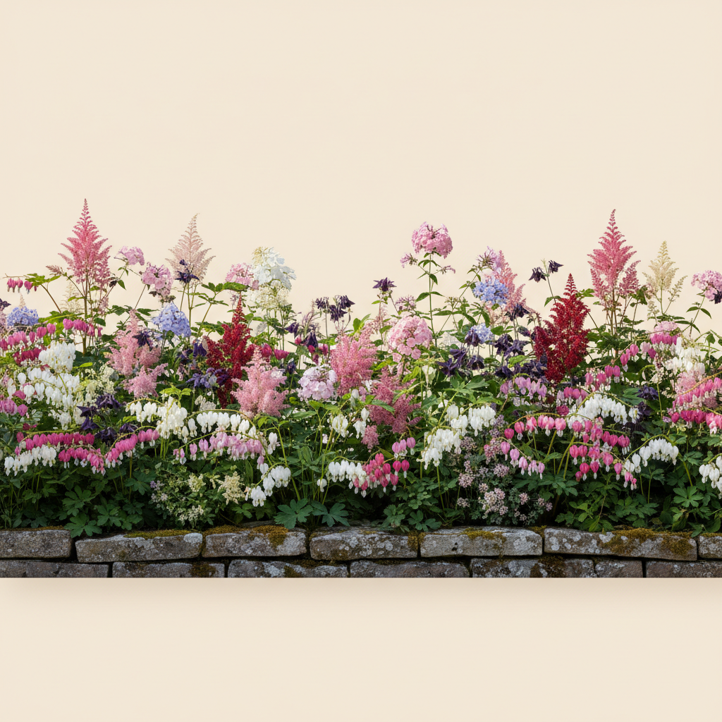 Rabatt med löjtnantshjärta, astilbe, höstflox i halvskugga – 32 m² perennrabatt