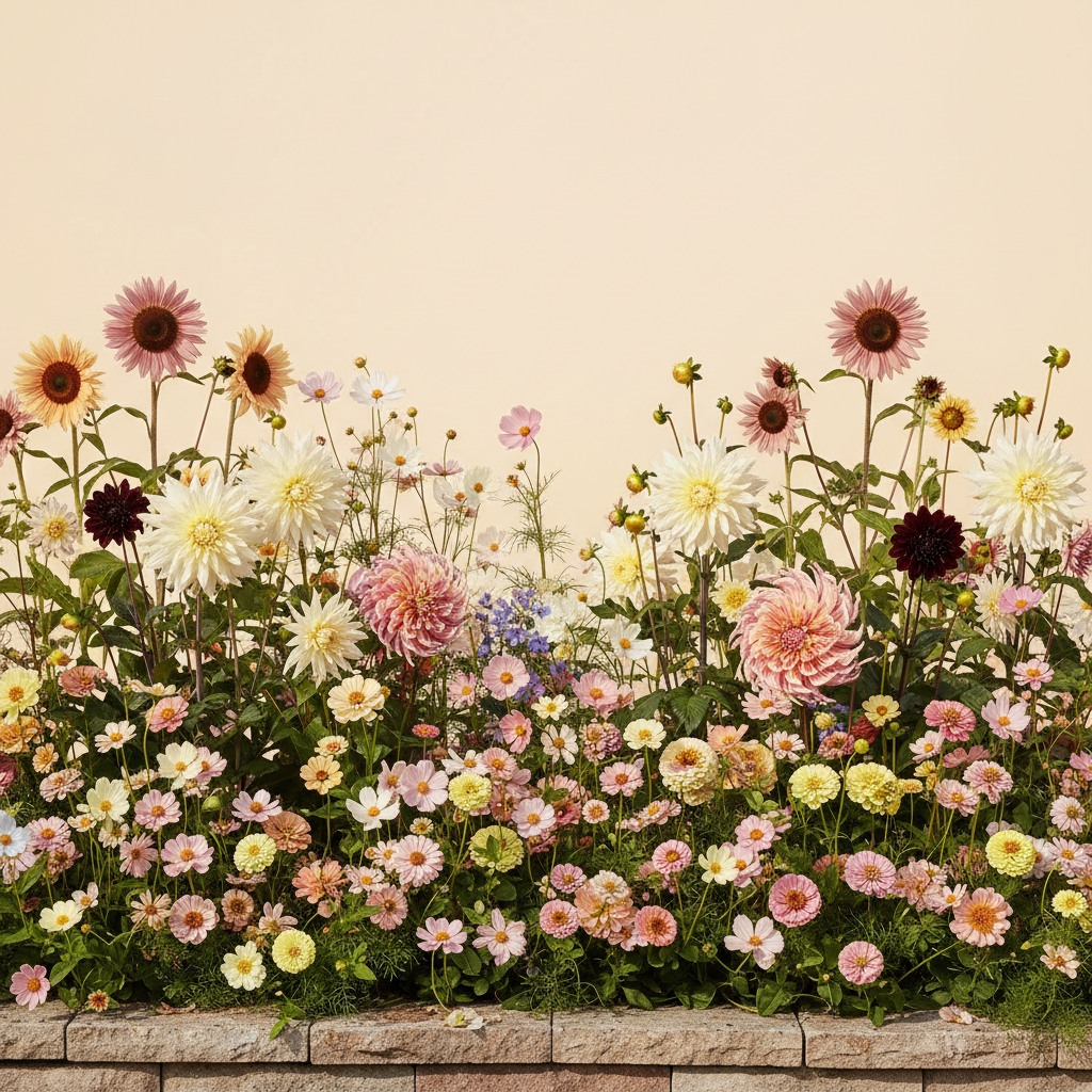 Rabatt med dahlia, zinnia, cosmos i full sol – 4 m² snittblomsterbädd