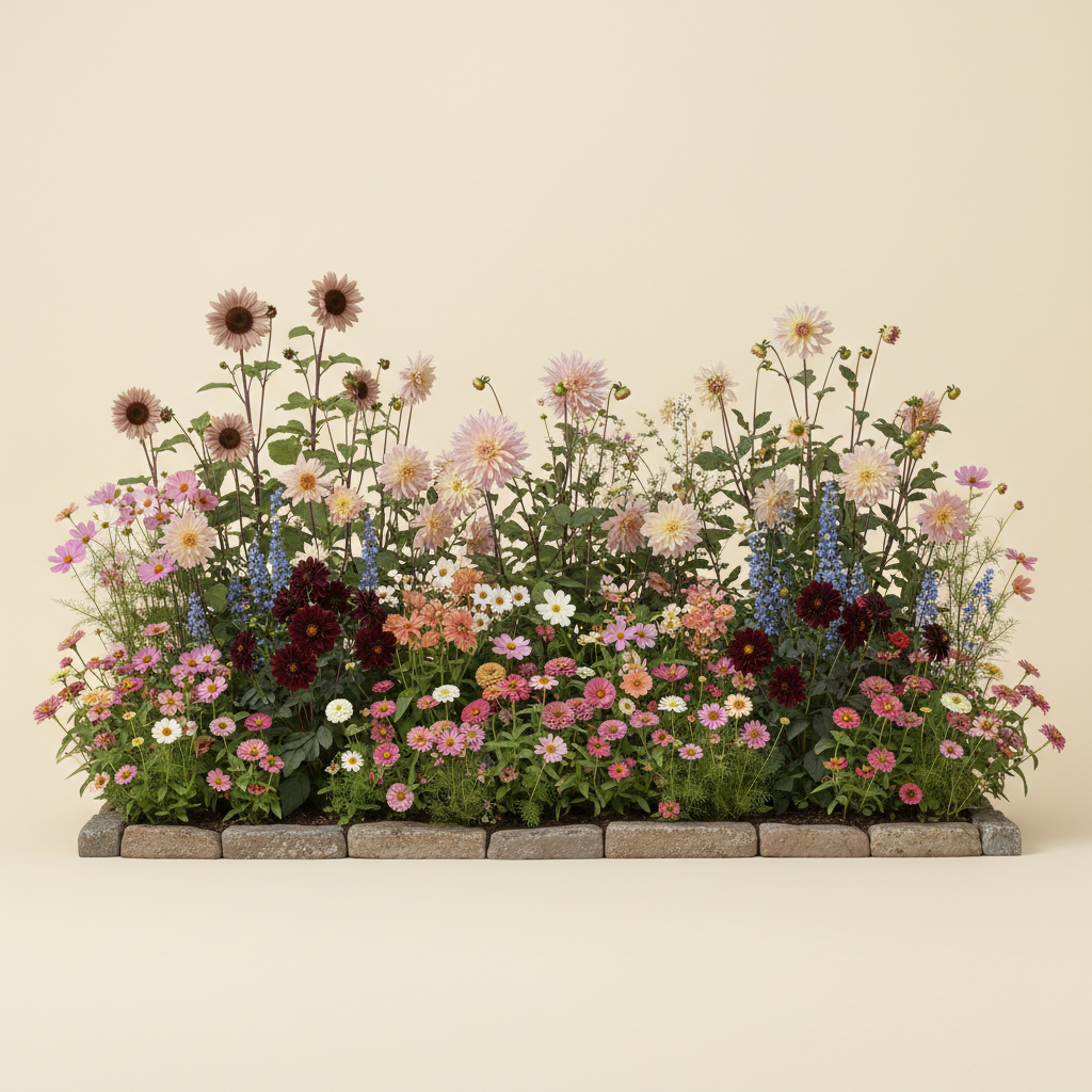 Rabatt med dahlia, zinnia, cosmos i skugga – 6 m² snittblomsterbädd