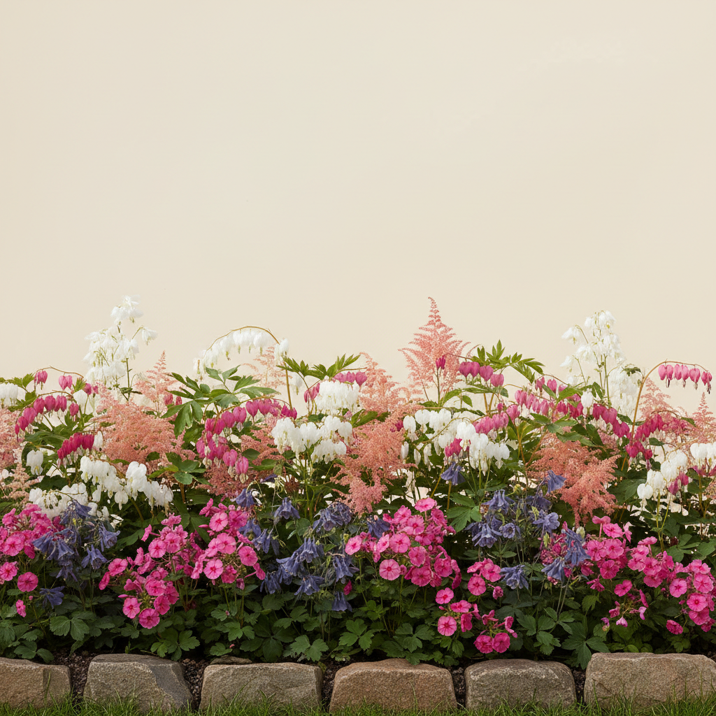 Rabatt med löjtnantshjärta, astilbe, höstflox i halvskugga – 6 m² perennrabatt