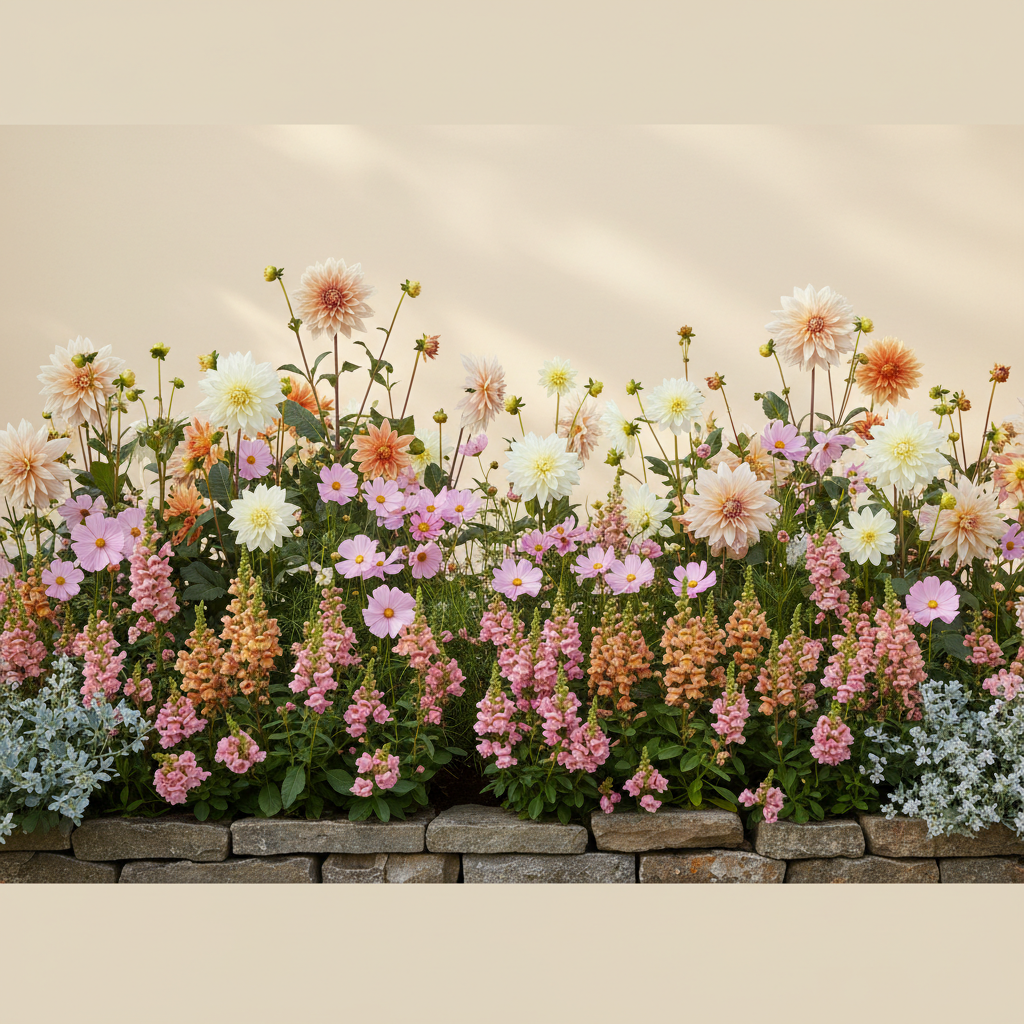 En liten 8 m² bädd i halvskugga — planerad för snittblommor. Här samsas Dahlia 'Cafe au Lait', Dahlia 'Sweet Nathalie', Dahlia 'Eveline', Dahlia 'Creme de Cognac', Rosenskära 'Double Dutch Rose' (frö), Lejongap 'Madame Butterfly Pink' (frö) och Lejongap 'Madame Butterfly Bronze' (frö), valda för att trivas tillsammans.