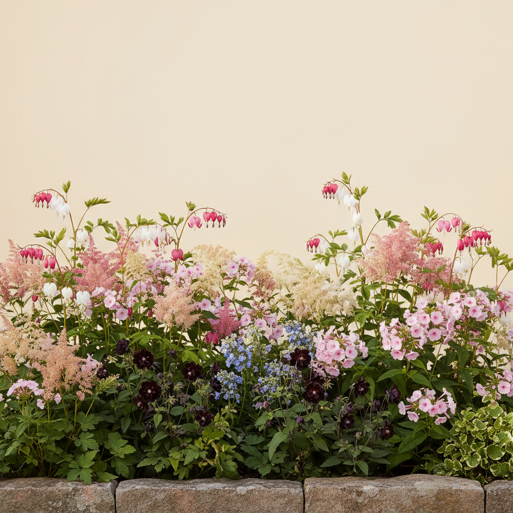 Rabatt med löjtnantshjärta, astilbe, höstflox i halvskugga – 6 m² perennrabatt