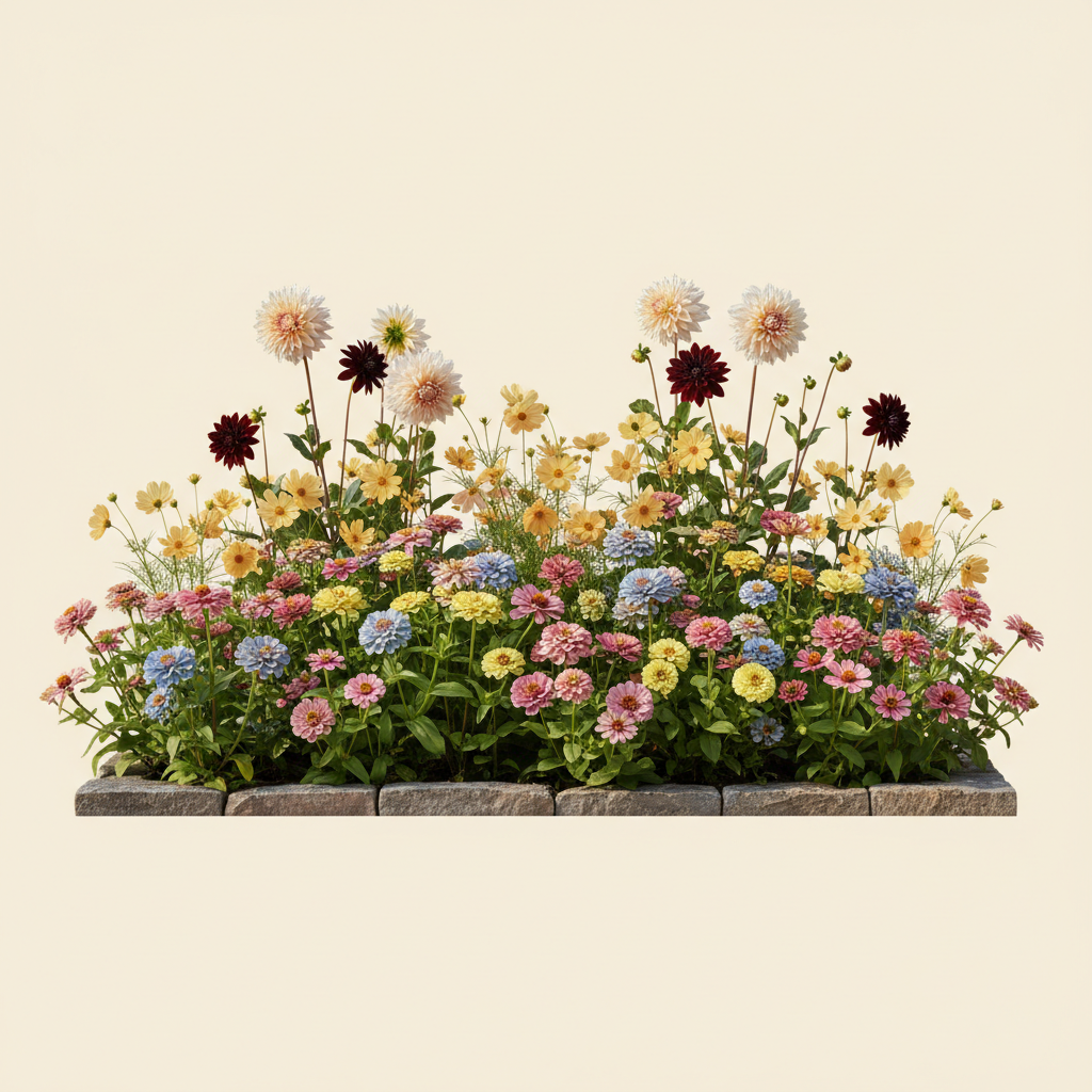 Rabatt med dahlia, zinnia, cosmos i full sol – 2 m² snittblomsterbädd