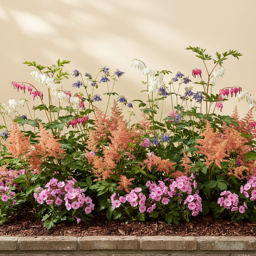Rabatt med löjtnantshjärta, astilbe, höstflox i halvskugga – 6 m² perennrabatt