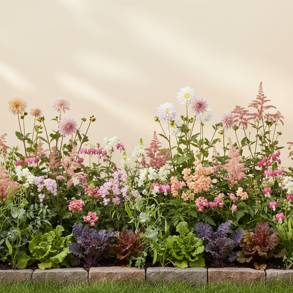 Rabatt med dahlia, rosenskära, lejongap i halvskugga – 29 m² blandad rabatt