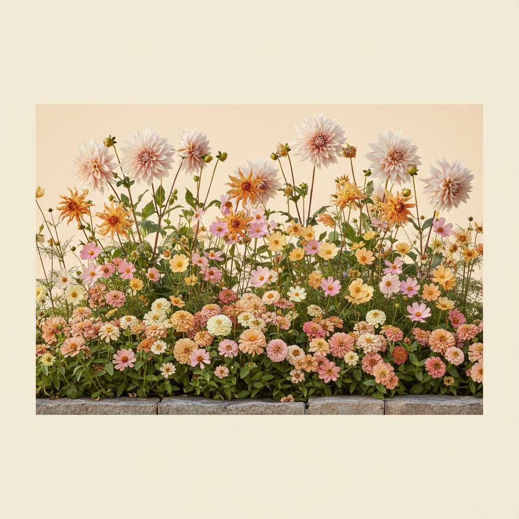 Rabatt med dahlia, zinnia, cosmos i full sol – 2 m² snittblomsterbädd