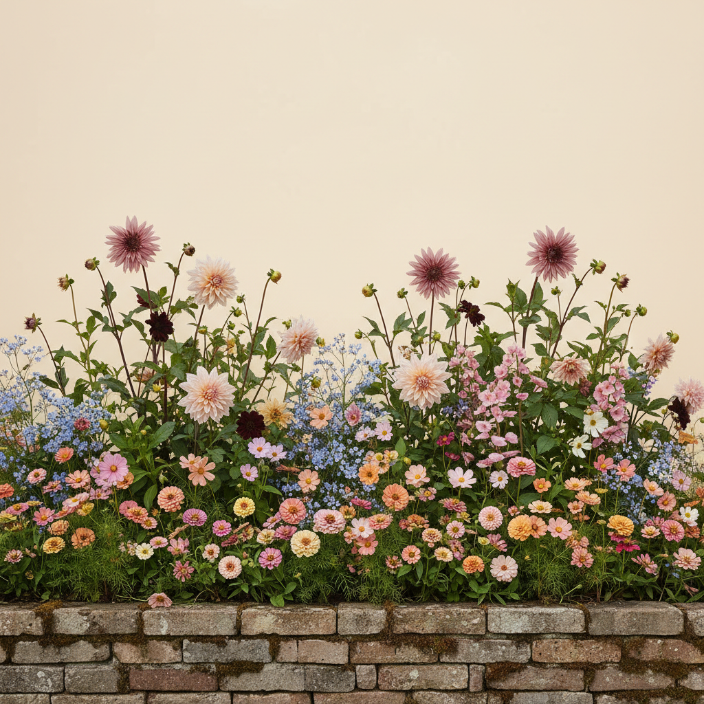 Rabatt med dahlia, zinnia, cosmos i skugga – 3 m² snittblomsterbädd