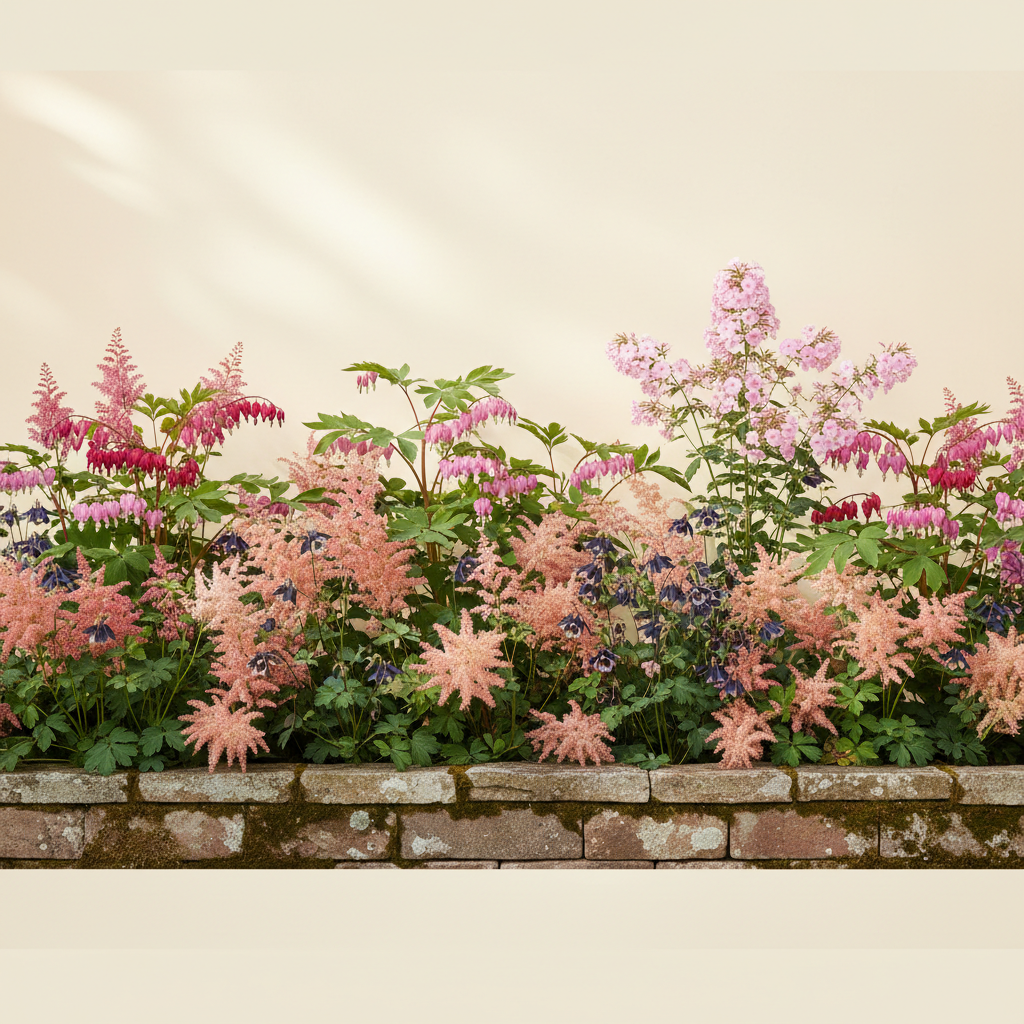 Rabatt med löjtnantshjärta, astilbe, höstflox i halvskugga – 14 m² perennrabatt