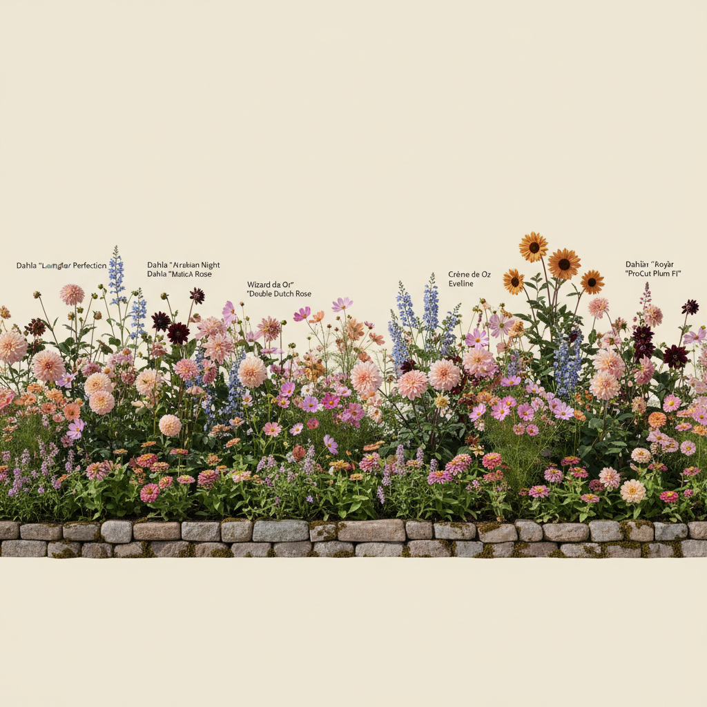 En liten 60 m² bädd i full sol — planerad för snittblommor. Här samsas Dahlia 'Cafe au Lait', Dahlia 'Arabian Night', Dahlia 'Wizard of Oz', Dahlia 'Eveline', Dahlia 'Creme de Cognac', Dahlia 'Blue Bell', Dahlia 'Mango Madness', Dahlia 'Lavender Perfection', Zinnia 'Lilliput Mix' (frö), Cosmos 'Apricot Lemonade' (frö), Solros 'ProCut Plum F1' (frö), Rosenskära 'Double Dutch Rose' (frö), Cosmos 'Apricotta' (frö) och Luktärt 'Royal Lavender' (frö), valda för att trivas tillsammans.