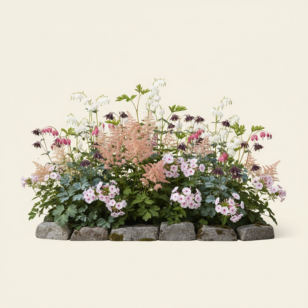 Rabatt med löjtnantshjärta, astilbe, höstflox i halvskugga – 8 m² perennrabatt