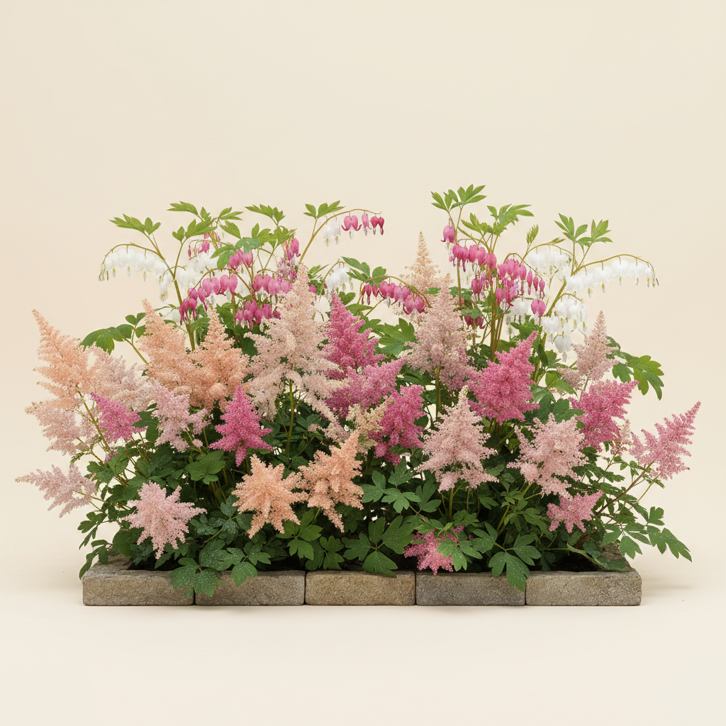Rabatt med löjtnantshjärta, astilbe i skugga – 6 m² perennrabatt