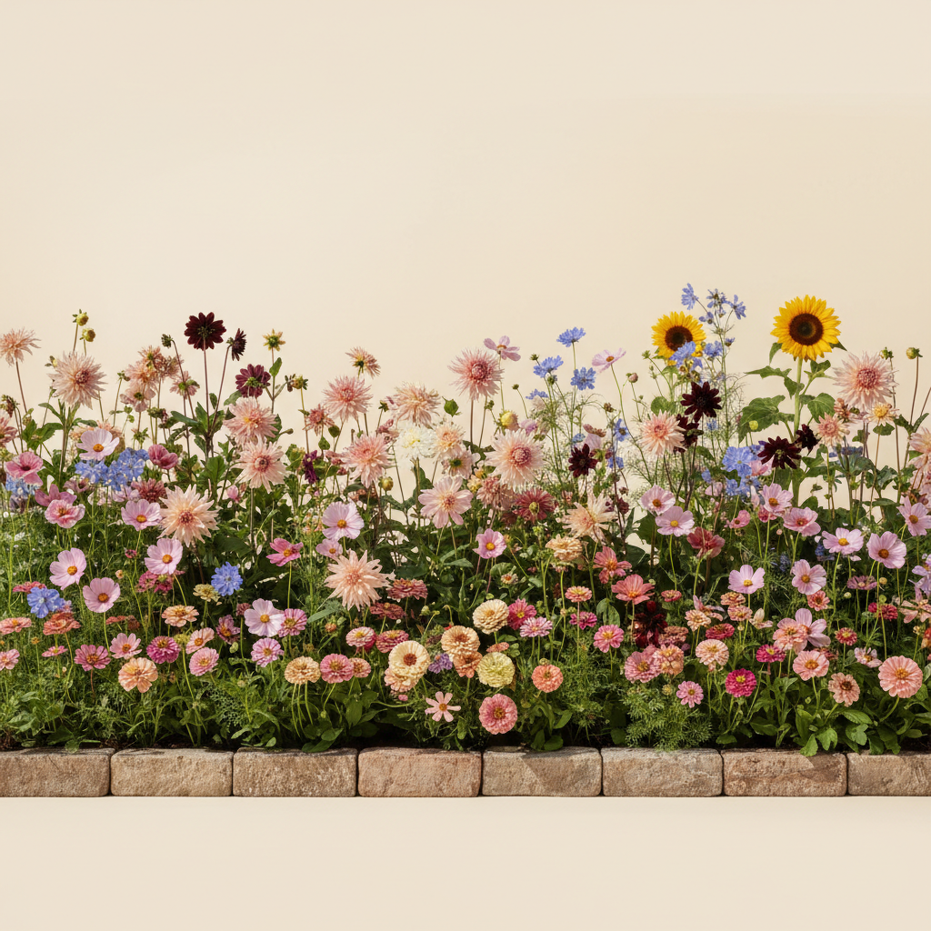 Rabatt med dahlia, zinnia, cosmos i full sol – 16 m² snittblomsterbädd