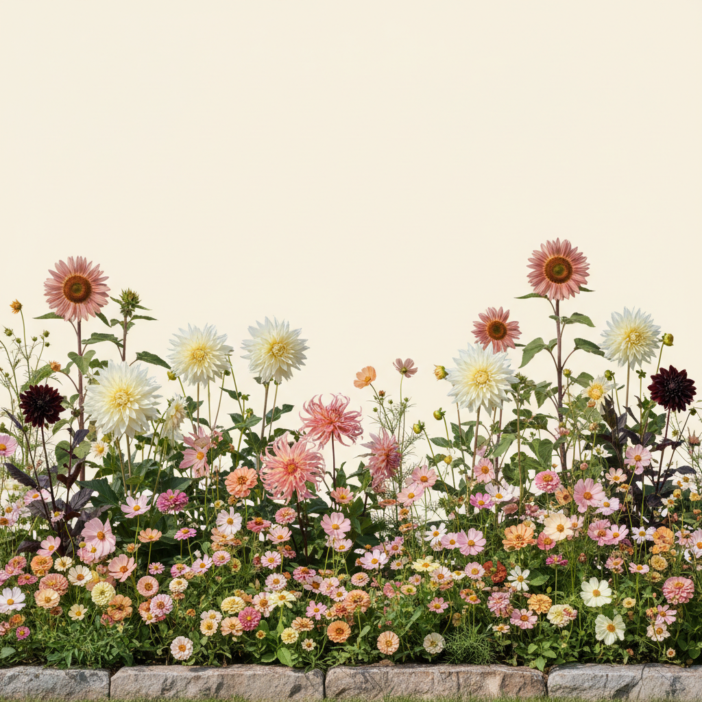 Rabatt med dahlia, zinnia, cosmos i full sol – 5 m² snittblomsterbädd