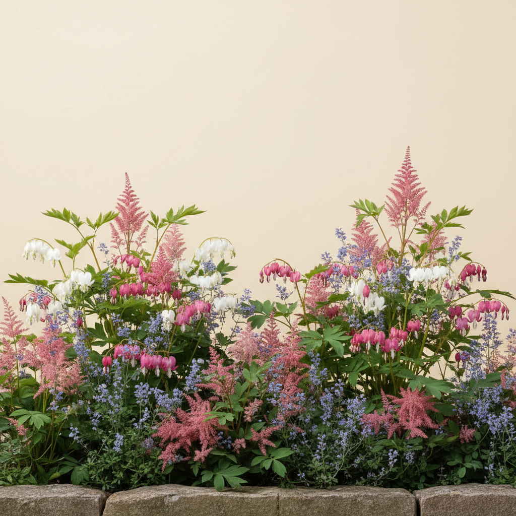 Rabatt med löjtnantshjärta, astilbe i skugga – 2 m² perennrabatt