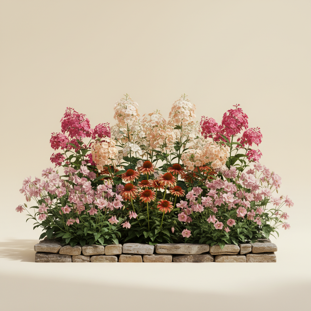 En liten 8 m² bädd i full sol — planerad för barrotsplantor. Här samsas Höstflox 'Nicky', Höstflox 'Sherbet Blend', Akleja 'Pink Barlow', Röd solhatt Echinacea 'Hot Papaya' och Höstflox 'Bright Eyes', valda för att trivas tillsammans.