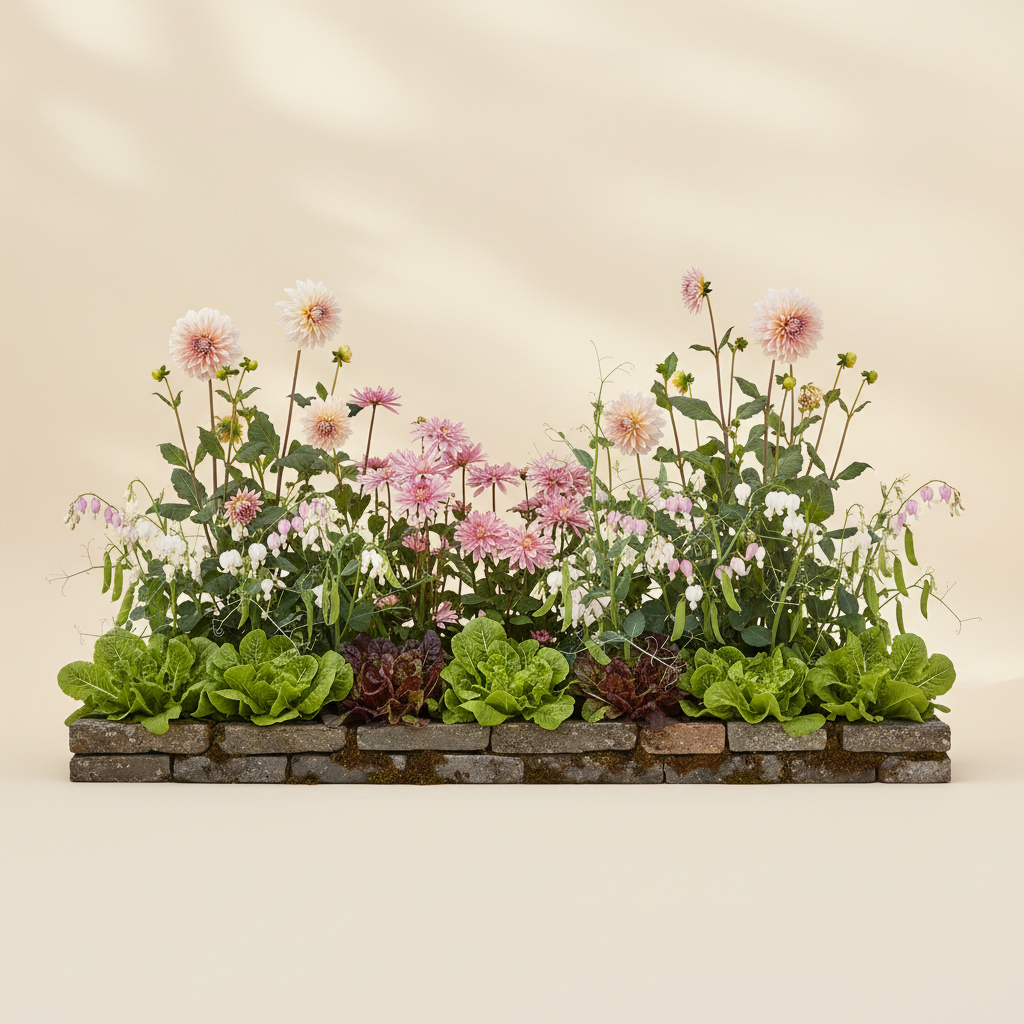 Rabatt med dahlia, rosenskära, trädgårdssallat i halvskugga – 2 m² blandad rabatt