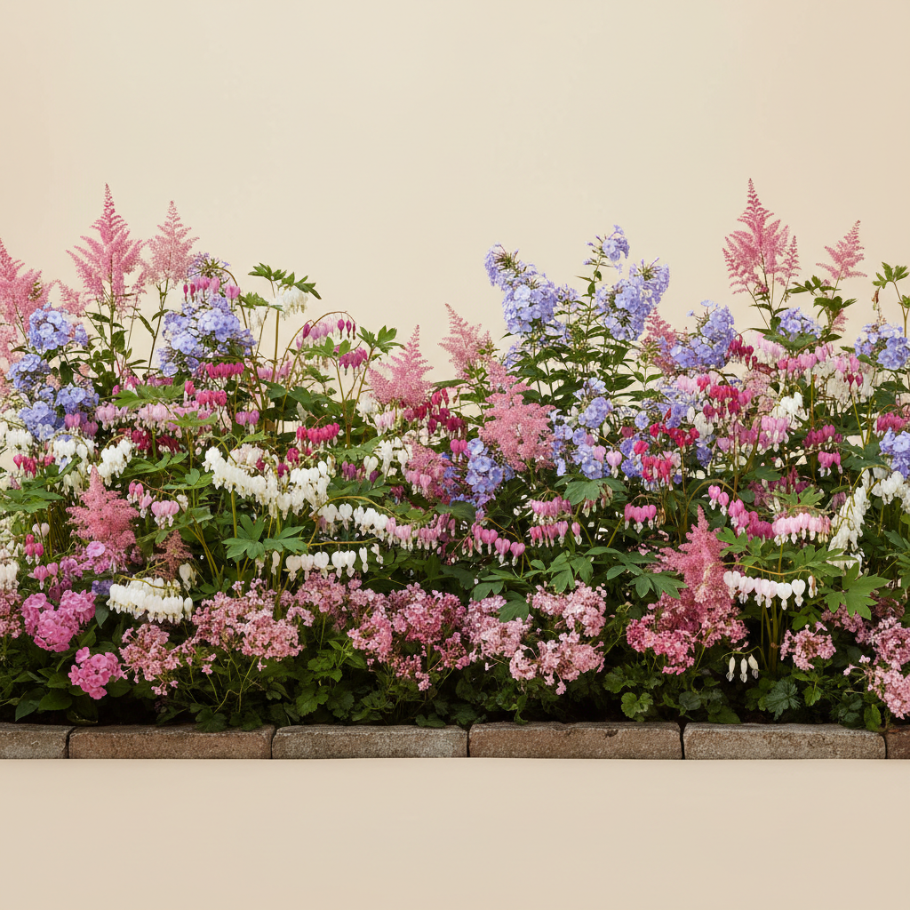 Rabatt med löjtnantshjärta, astilbe, höstflox i halvskugga – 4 m² perennrabatt