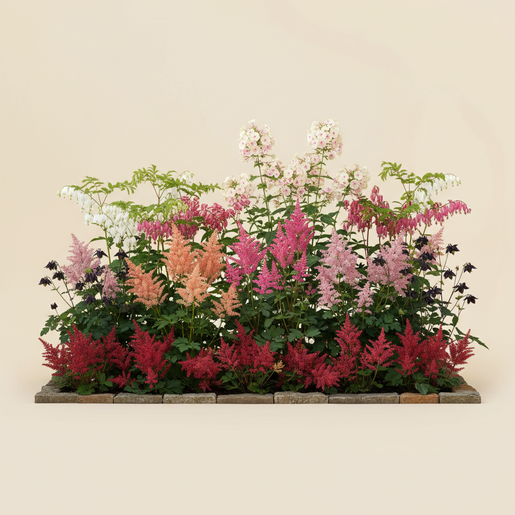 Rabatt med löjtnantshjärta, astilbe, höstflox i halvskugga – 32 m² perennrabatt