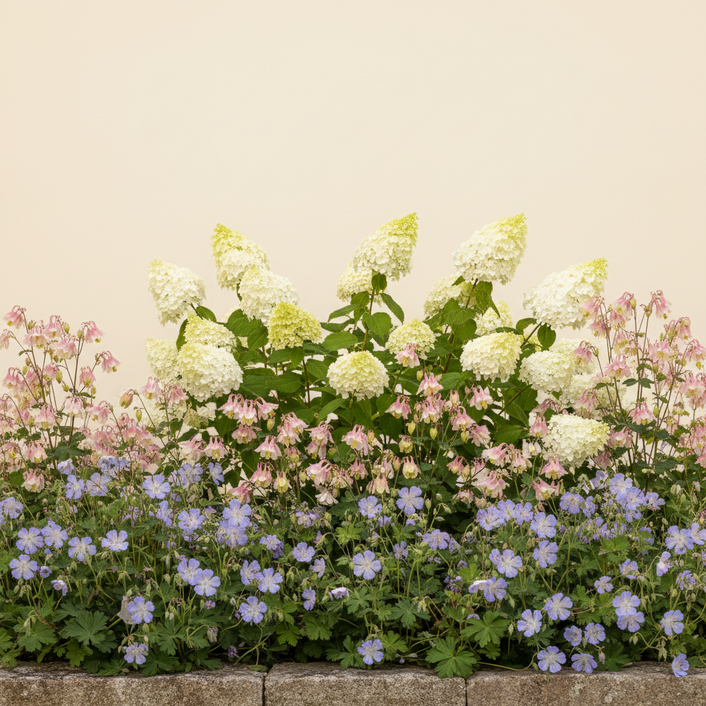 Rabatt med näva, hortensia, akleja i halvskugga – 2 m² perennrabatt