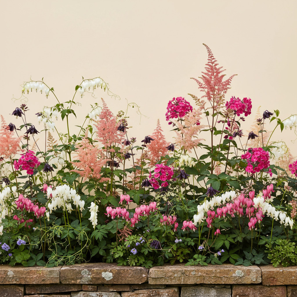 Rabatt med löjtnantshjärta, astilbe, höstflox i halvskugga – 6 m² perennrabatt