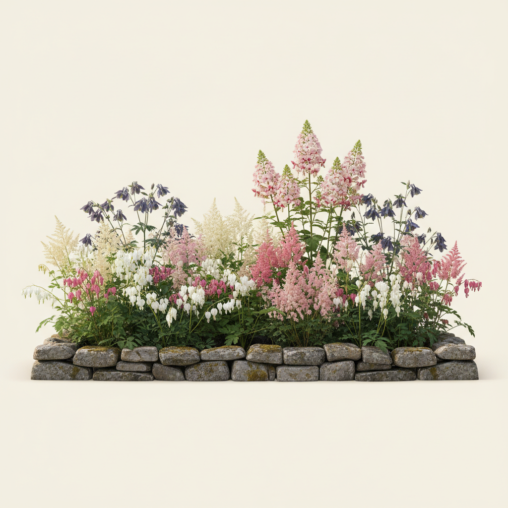 Rabatt med löjtnantshjärta, astilbe, höstflox i halvskugga – 22 m² perennrabatt