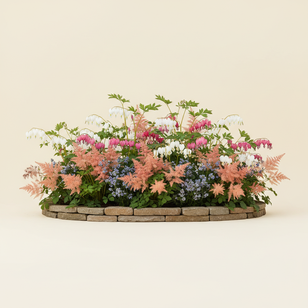 Rabatt med löjtnantshjärta, astilbe i skugga – 1 m² perennrabatt