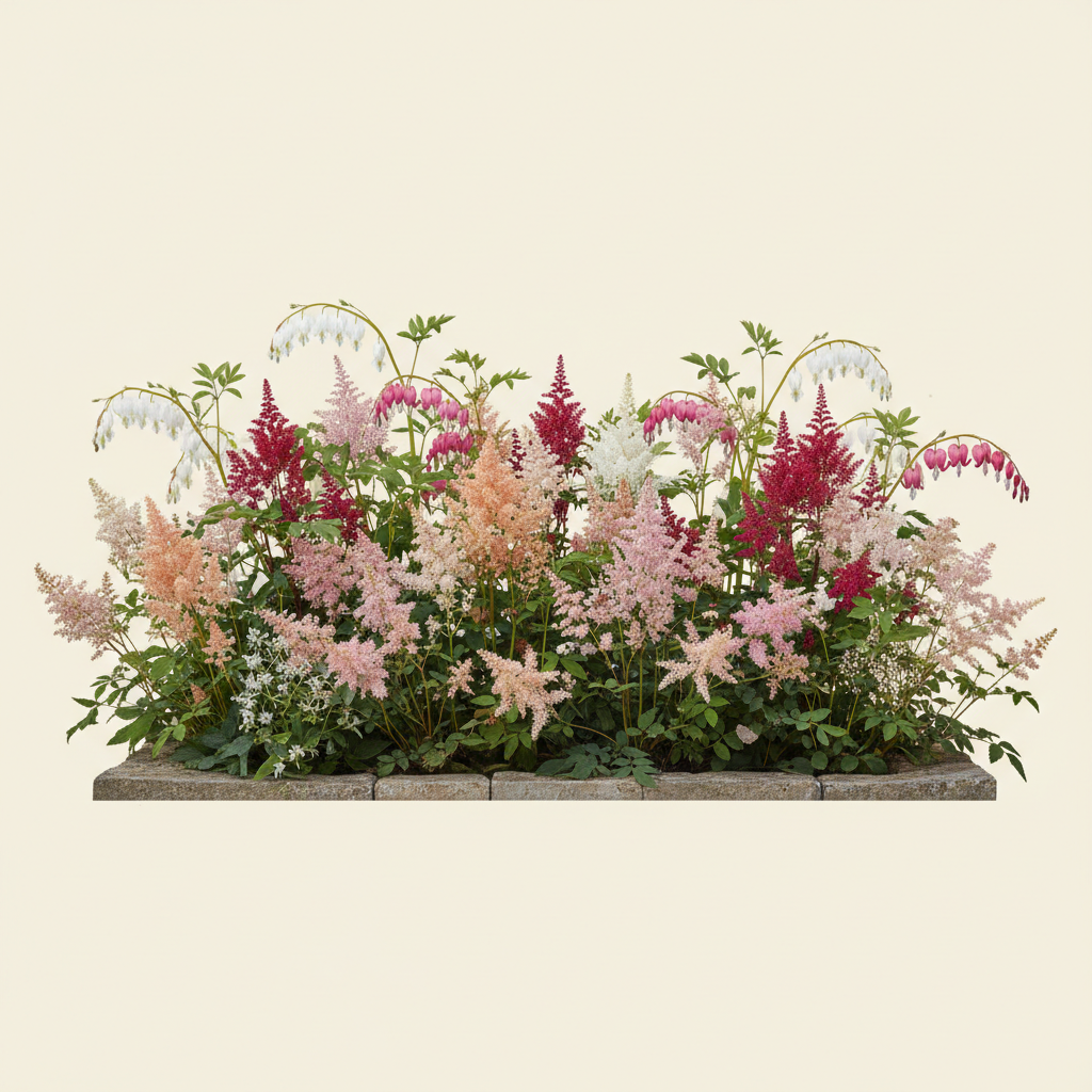 Rabatt med löjtnantshjärta, astilbe i skugga – 14 m² perennrabatt