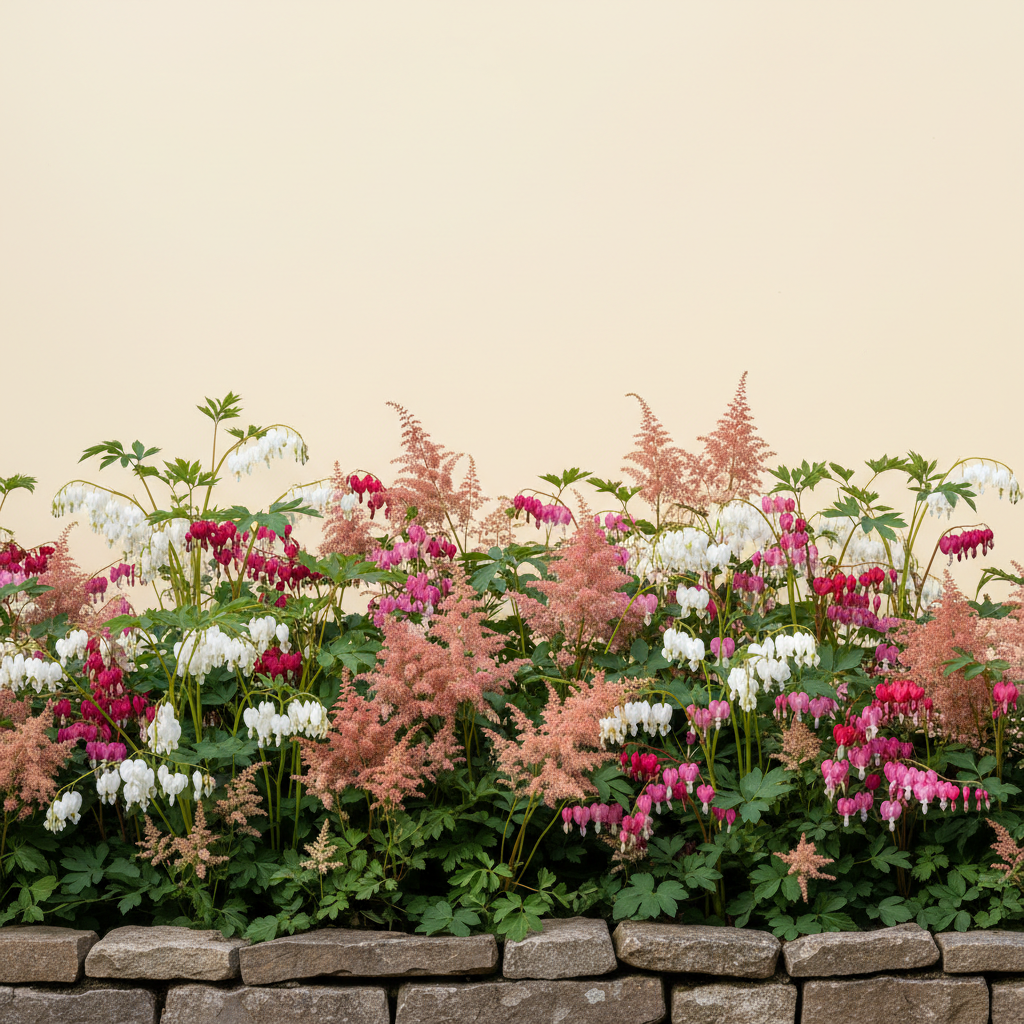 Rabatt med löjtnantshjärta, astilbe i halvskugga – 2 m² perennrabatt