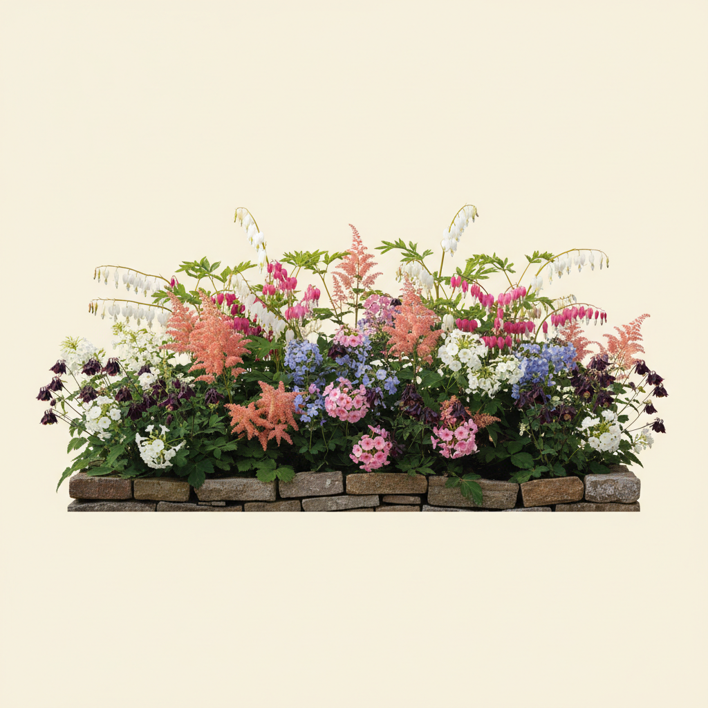 Rabatt med löjtnantshjärta, astilbe, höstflox i halvskugga – 6 m² perennrabatt