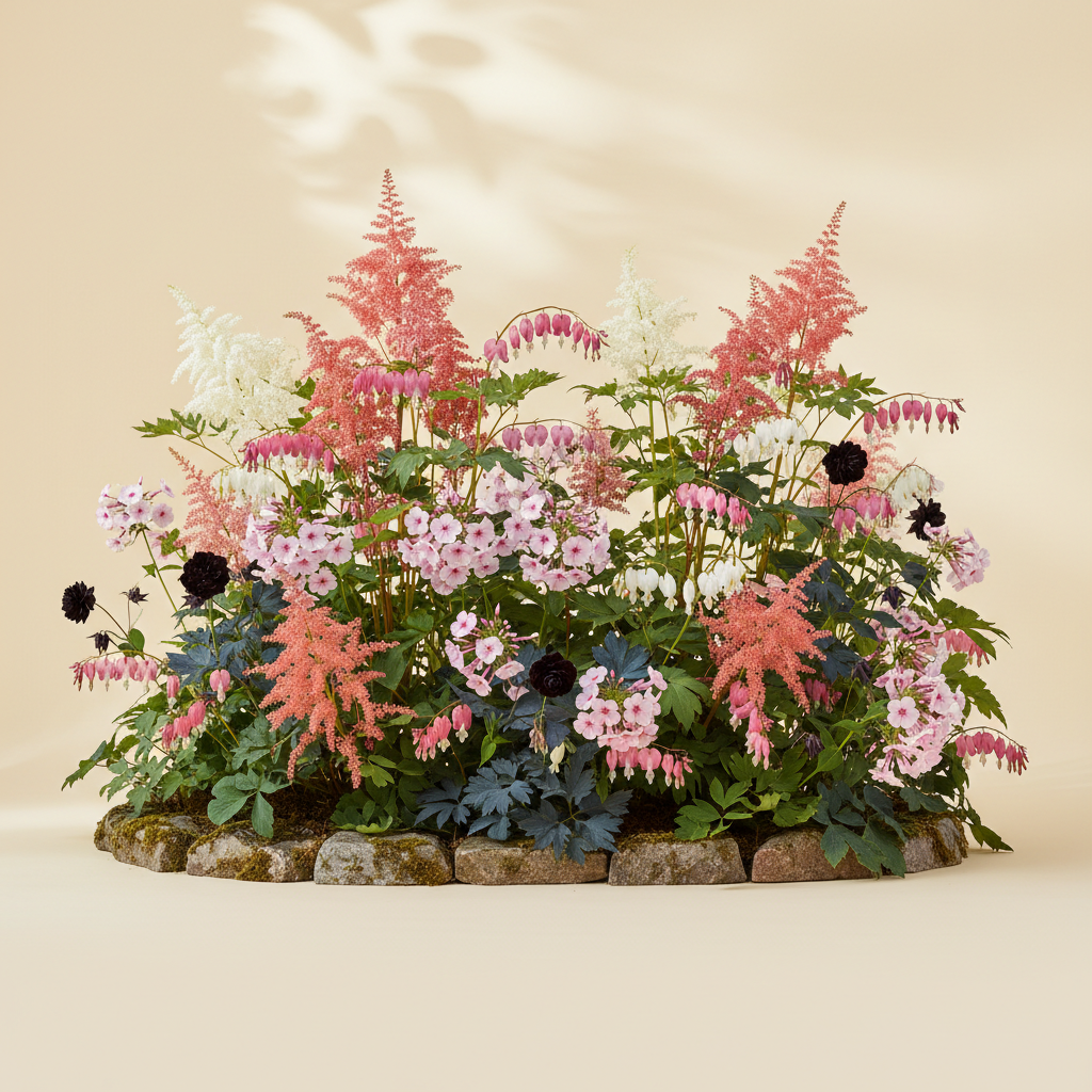 Rabatt med löjtnantshjärta, astilbe, höstflox i halvskugga – 6 m² perennrabatt