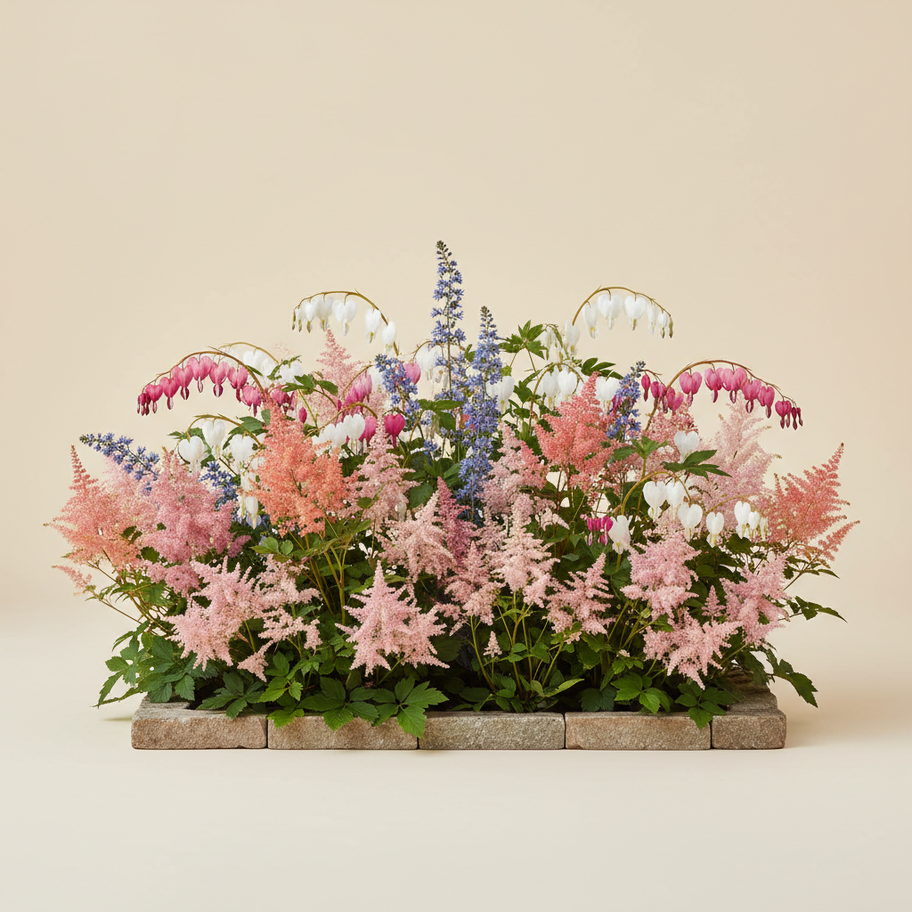 Rabatt med löjtnantshjärta, astilbe i skugga – 6 m² perennrabatt