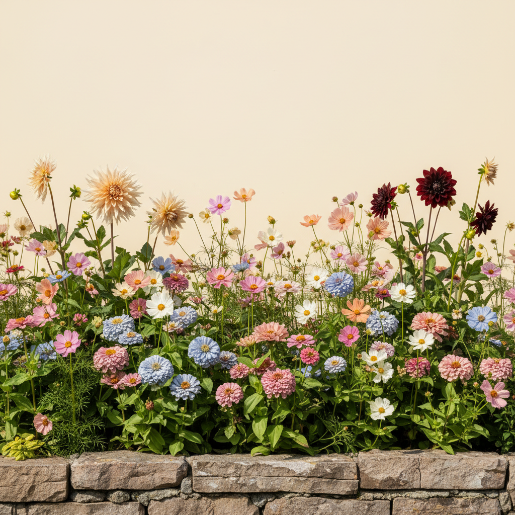 Rabatt med dahlia, zinnia, cosmos i full sol – 2 m² snittblomsterbädd