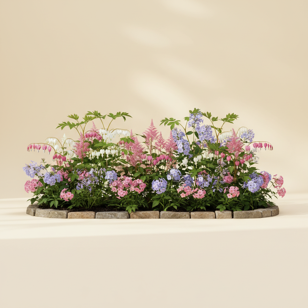 Rabatt med löjtnantshjärta, astilbe, höstflox i halvskugga – 4 m² perennrabatt