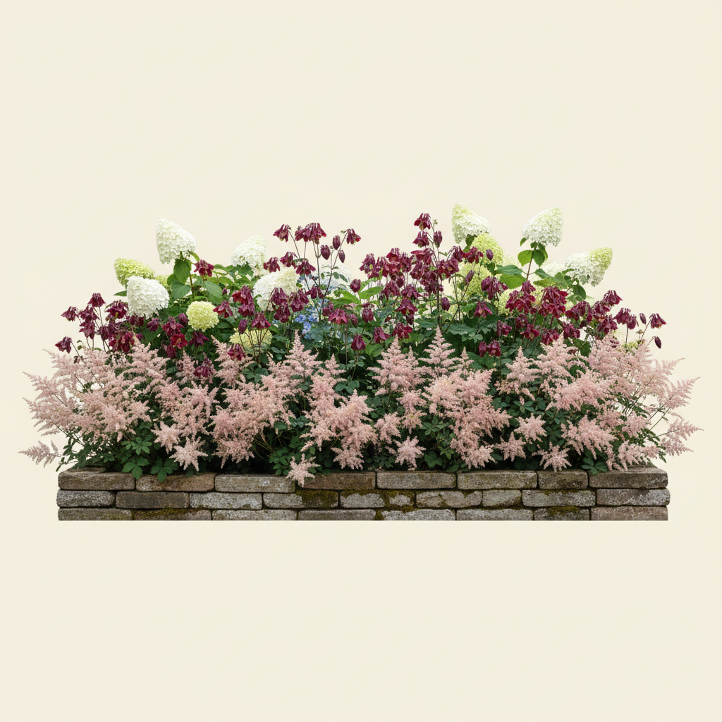 Rabatt med akleja, hortensia, astilbe i skugga – 2 m² perennrabatt