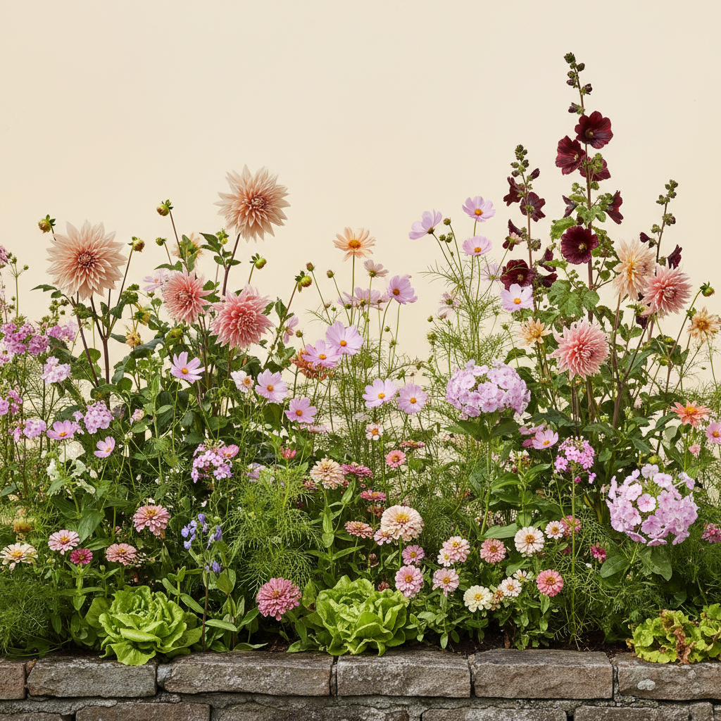 Rabatt med dahlia, zinnia, cosmos i full sol – 6 m² blandad rabatt