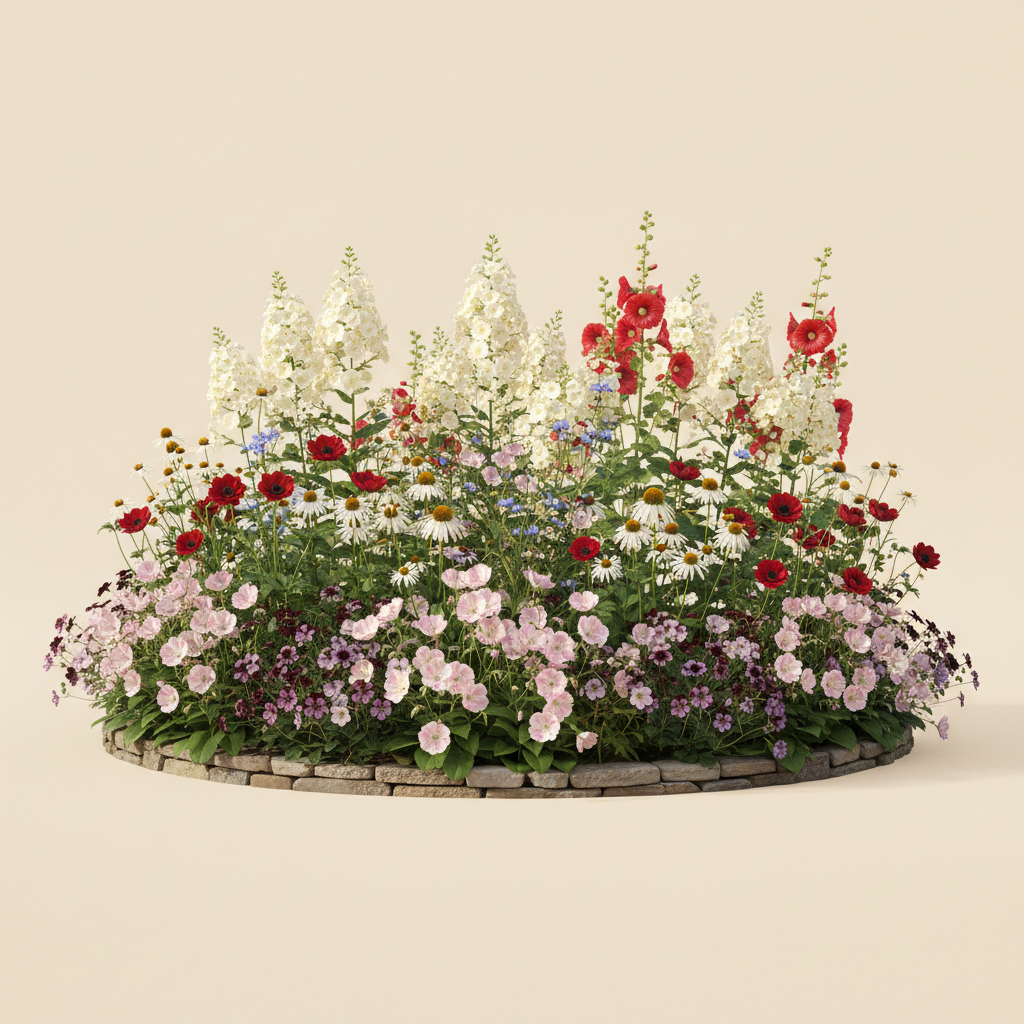 Rabatt med höstflox, anemone, näva i halvskugga – 20 m² perennrabatt