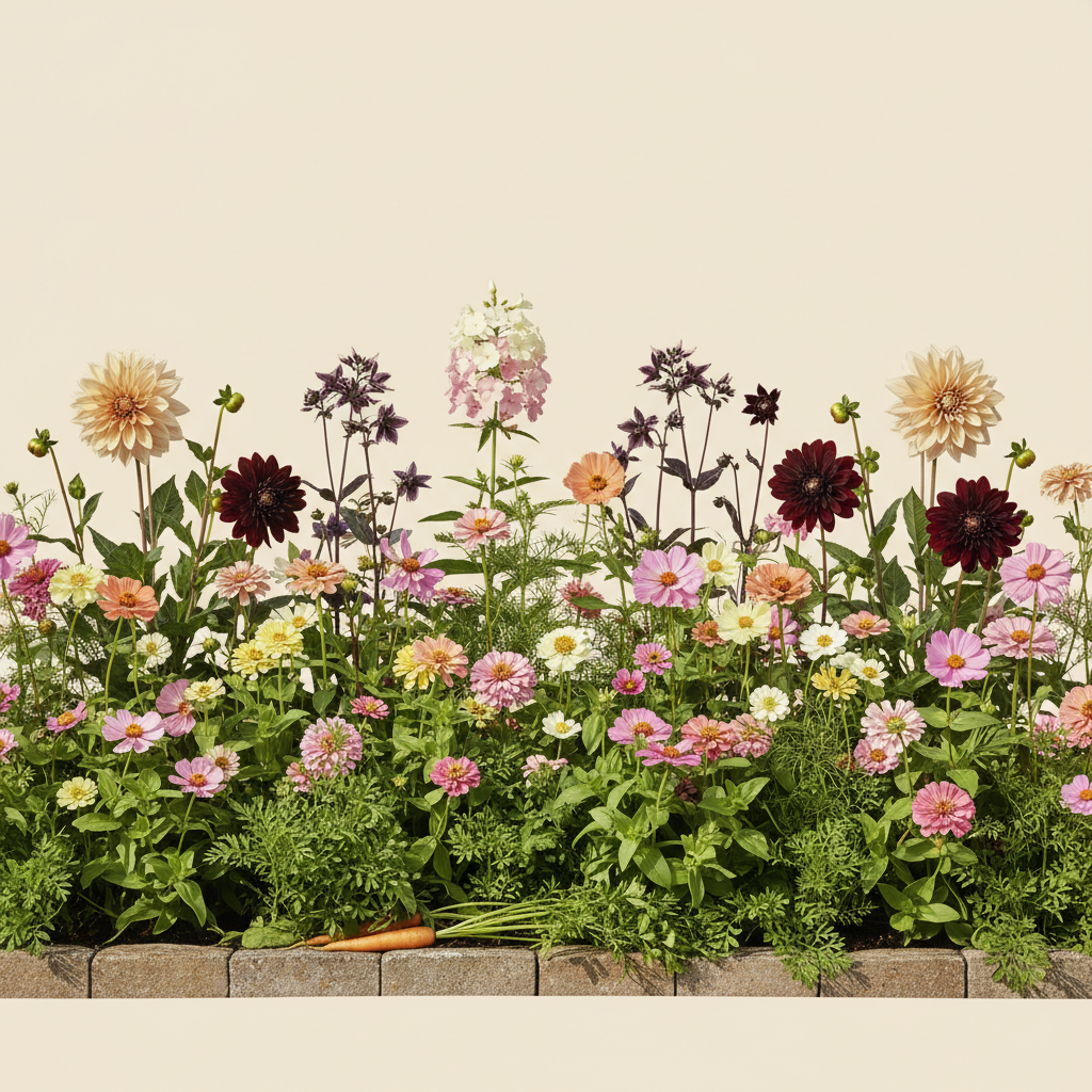 Rabatt med dahlia, zinnia, cosmos i full sol – 6 m² blandad rabatt