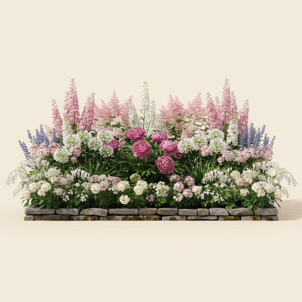 Rabatt med astilbe, pion, riddarsporre i full sol – 20 m² perennrabatt
