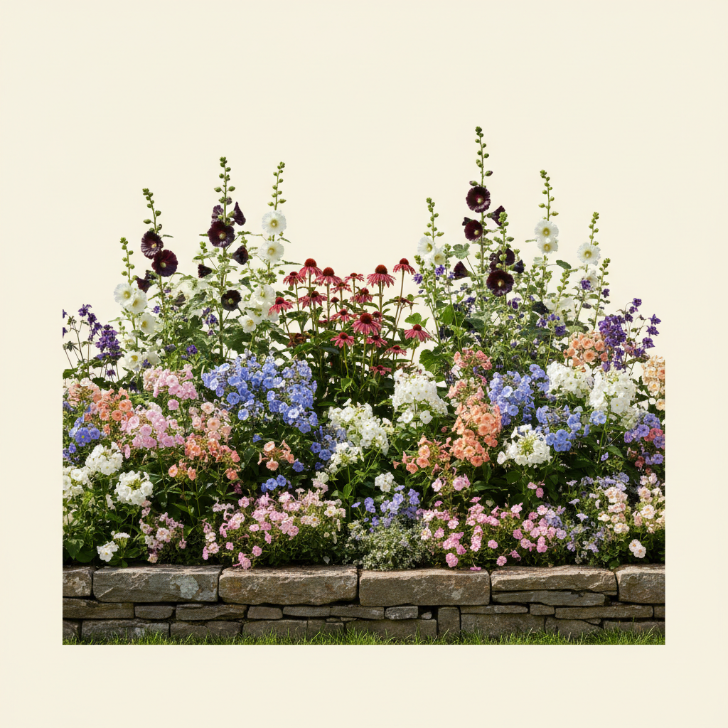 Rabatt med höstflox, stockros, akleja i full sol – 60 m² perennrabatt