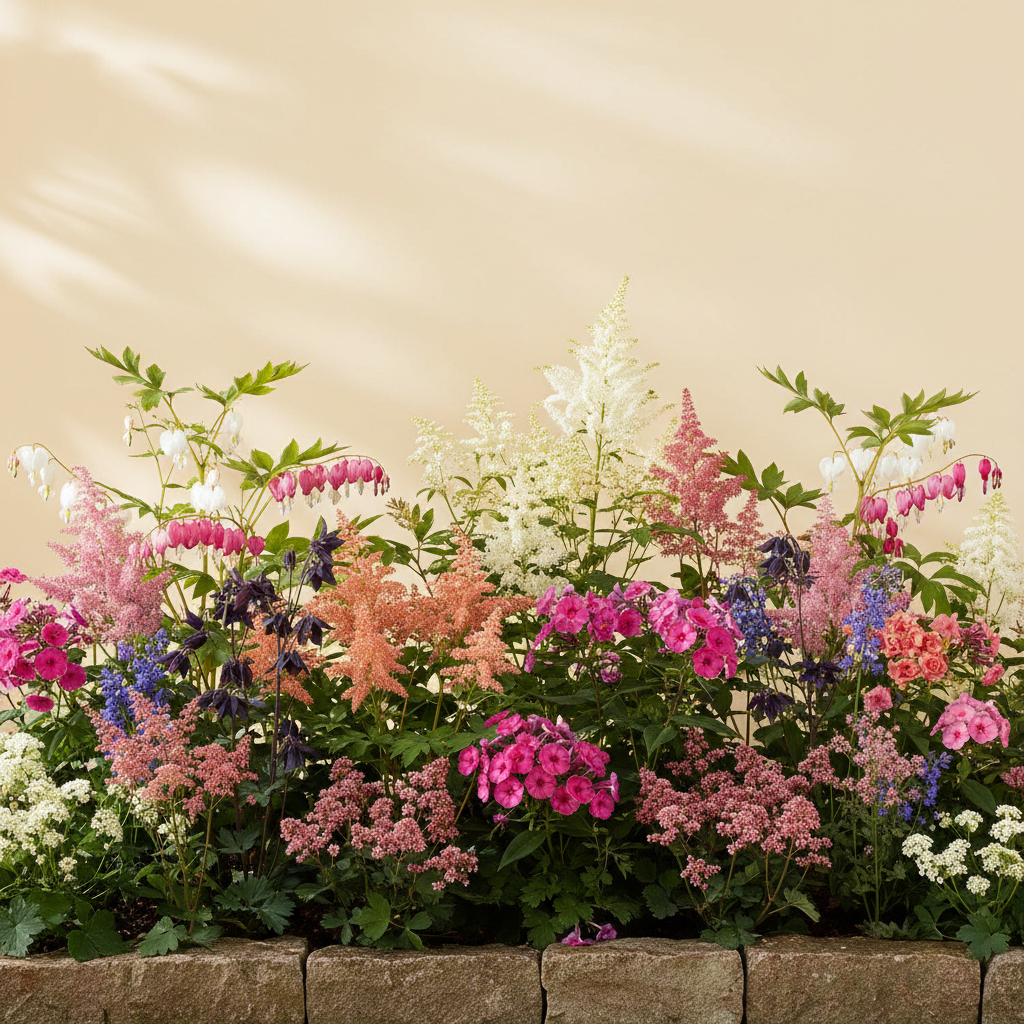 Rabatt med löjtnantshjärta, astilbe, höstflox i halvskugga – 20 m² perennrabatt