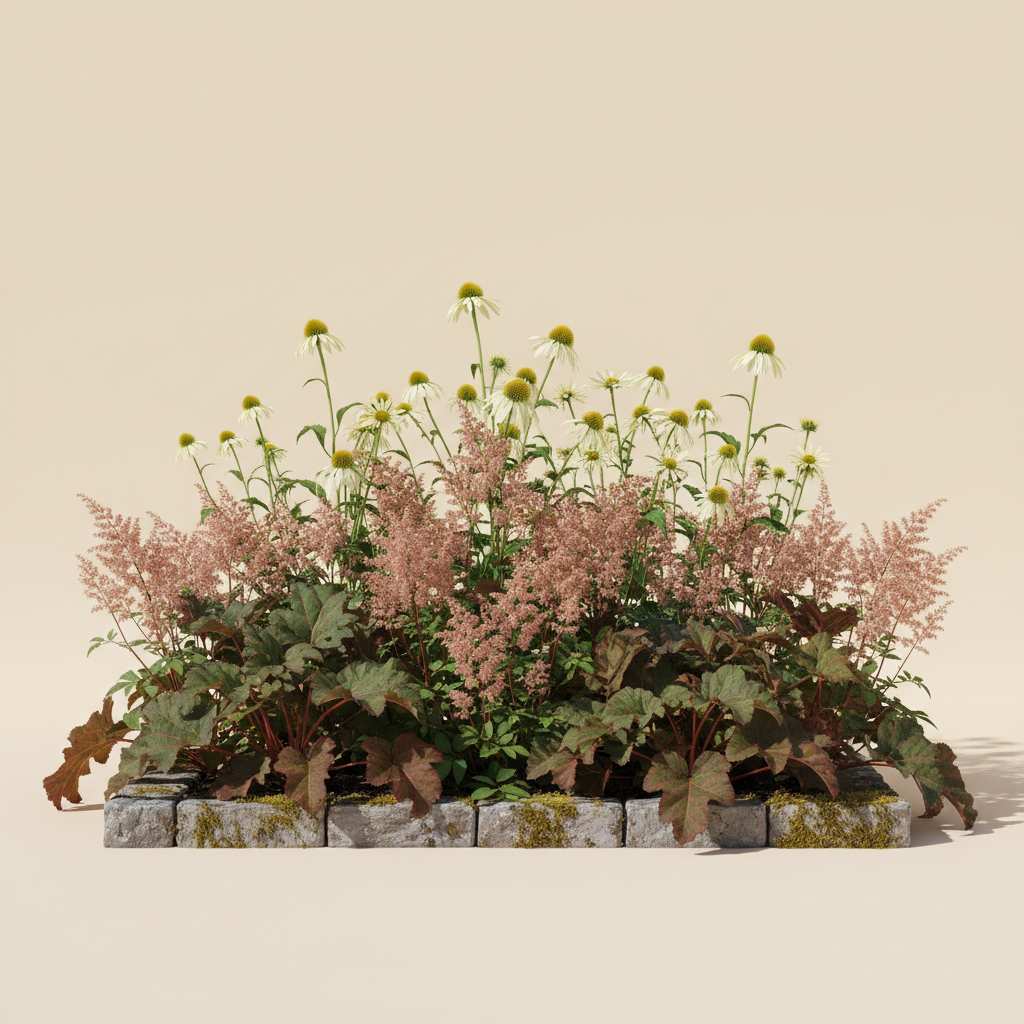 Rabatt med röd, astilbe, rabarber i full sol – 2 m² perennrabatt