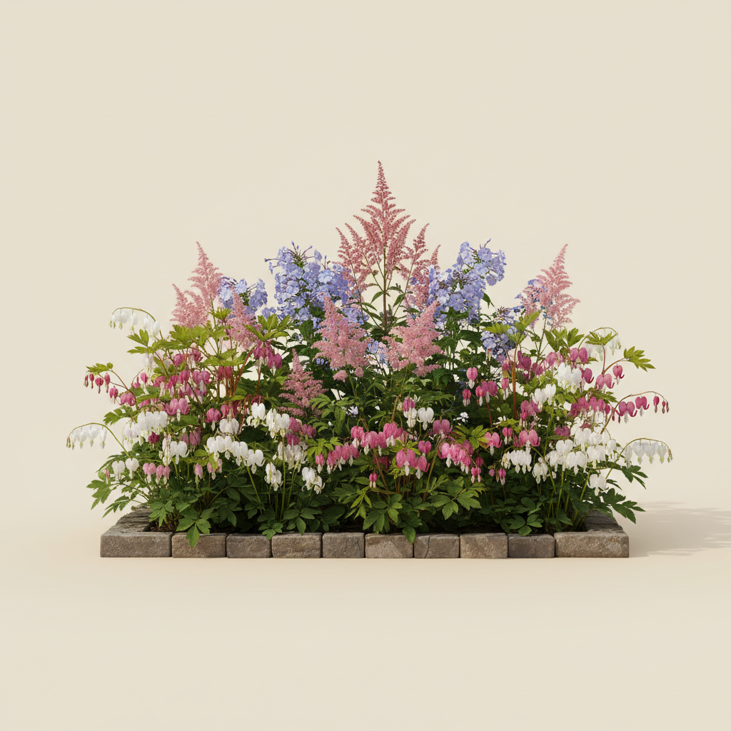 Rabatt med löjtnantshjärta, astilbe, höstflox i halvskugga – 3 m² perennrabatt