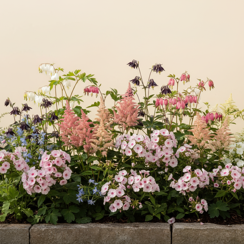 En liten 6 m² bädd i halvskugga — planerad för barrotsplantor. Här samsas Löjtnantshjärta vit, Löjtnantshjärta rosa/röd, Astilbe 'Younique Salmon', Höstflox 'Brilliant Eye' och Akleja 'Black Barlow', valda för att trivas tillsammans.